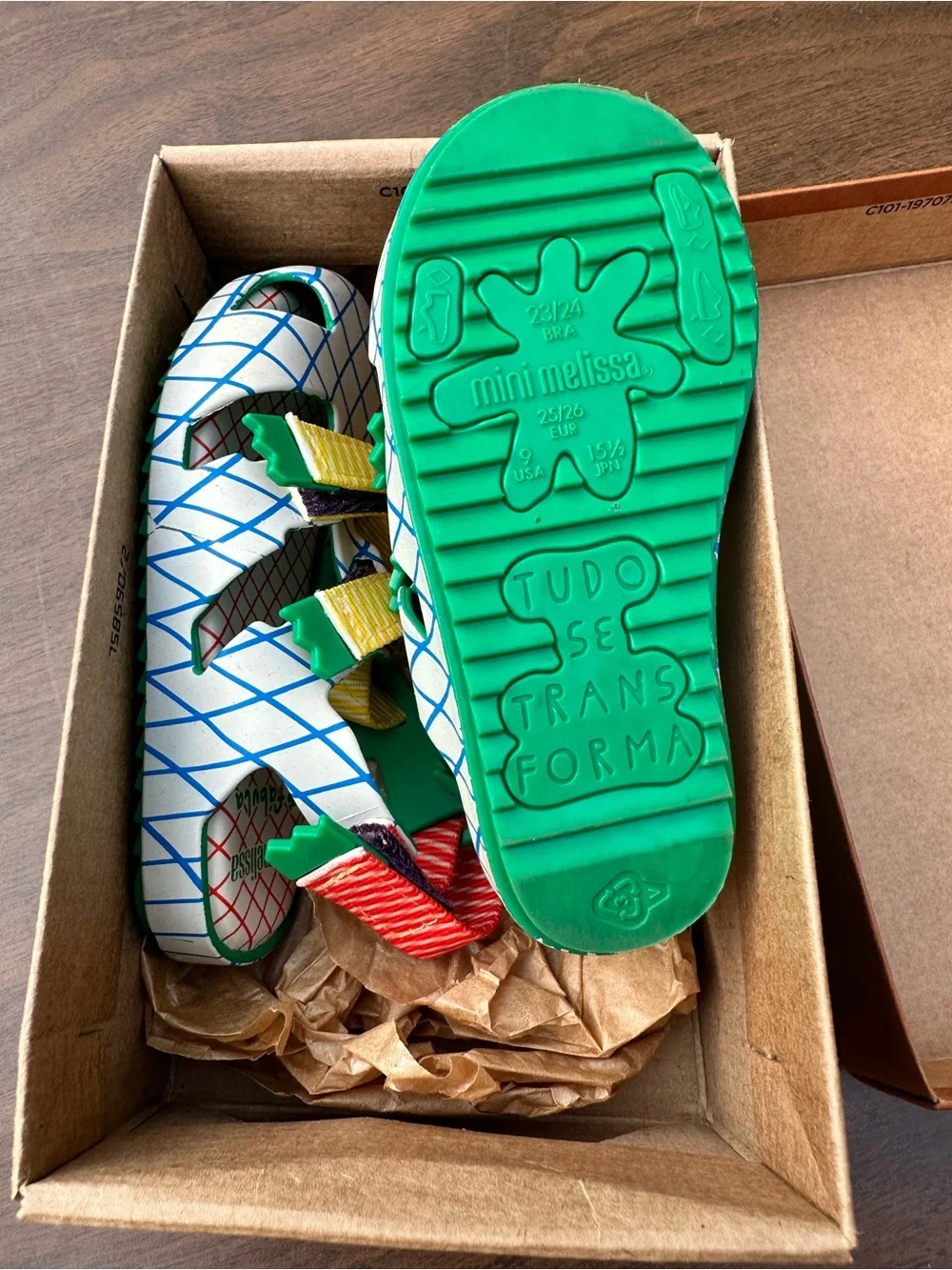 Mini Melissa White Grid Sandals with Yellow, Green & Red Accents